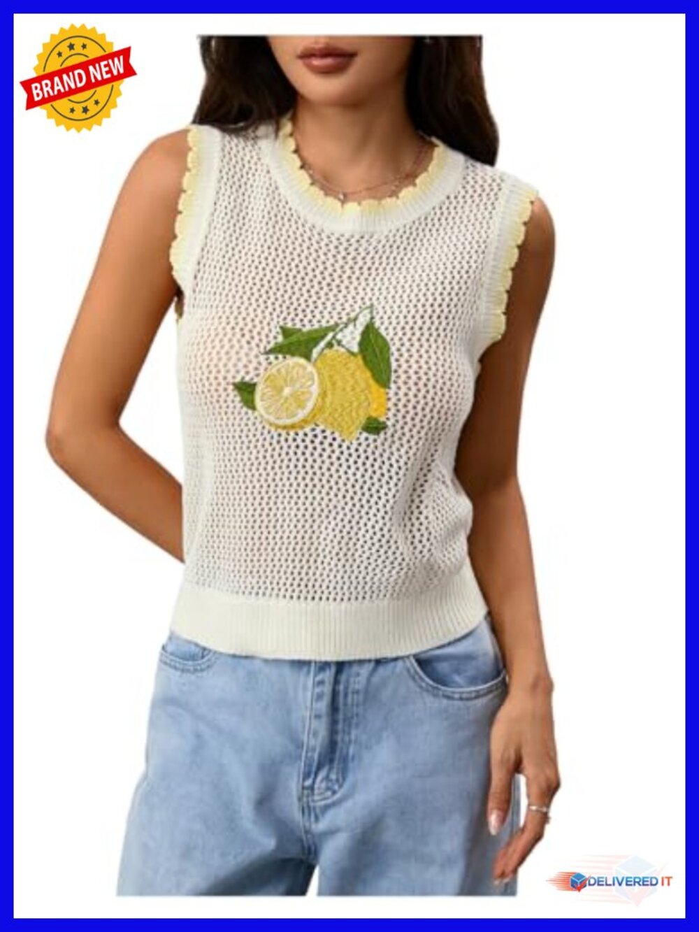 Y2K Crochet Hollow Out Cherry Print Tank Top Sleeveless